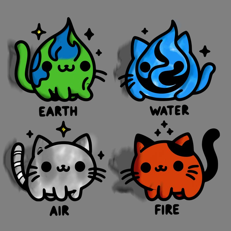 4 cats that represent the different elements, earth, water, air, and fire