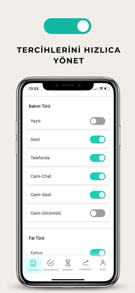 Interface montrant diverses options de services de divination et des interrupteurs pour les interprètes