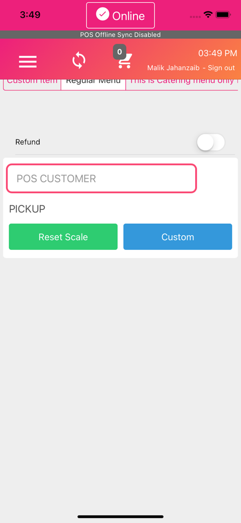 Tio POSアプリインターフェース。顧客選択とピックアップ注文オプションが表示されています。