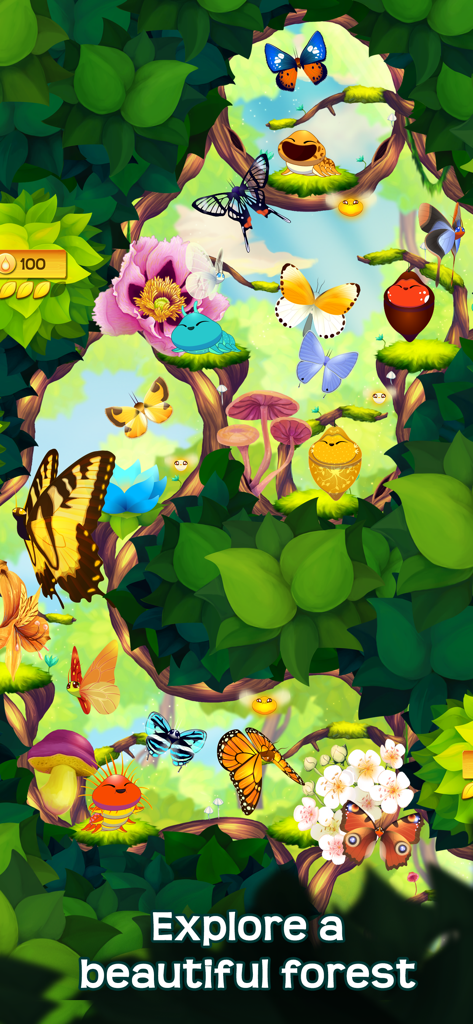 Flutter: Butterfly Sanctuary - A lush tropical rainforest sanctuary with colorful butterflies caterpillars and blooming flowers