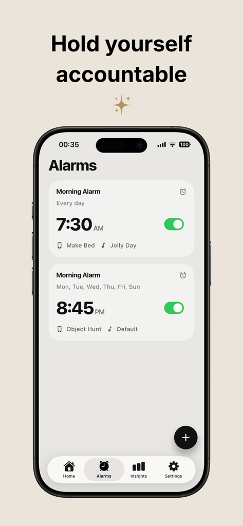 Wakz app interface showing the alarm management screen with accountability missions.