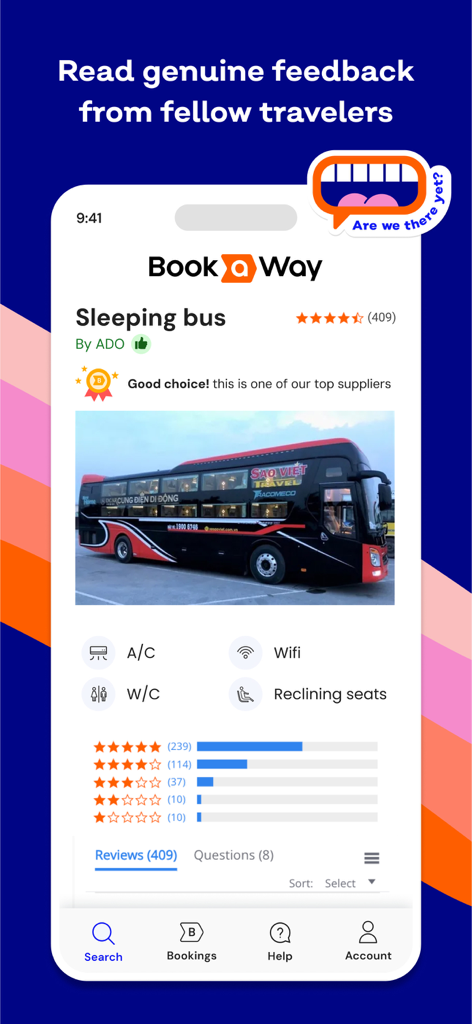 Bookaway: Bus Train & Ferry - Bookaway app screen showing sleeping bus details with user ratings and travel amenities