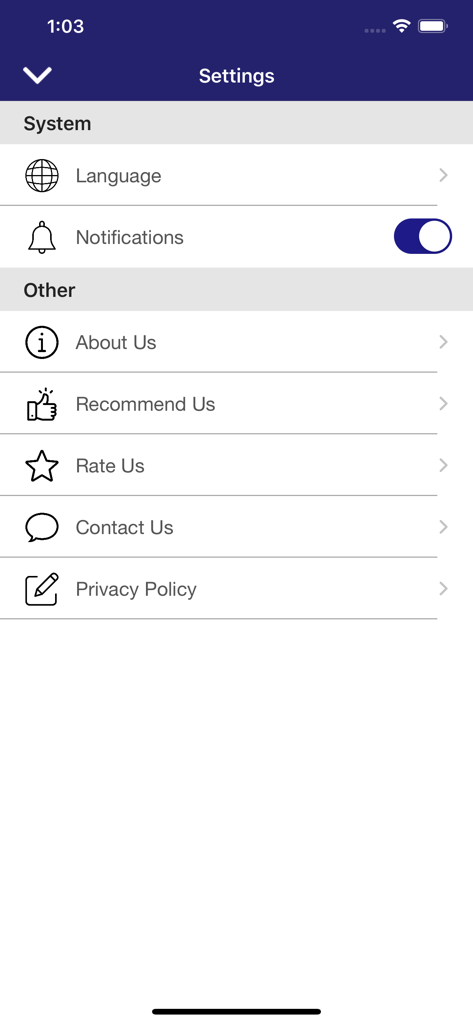 Mahmood Rice - Pantalla de configuración de la aplicación móvil Mahmood Rice mostrando preferencias de idioma y notificaciones