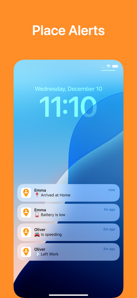 Pantalla de bloqueo del smartphone mostrando notificaciones de ubicación y seguridad familiar