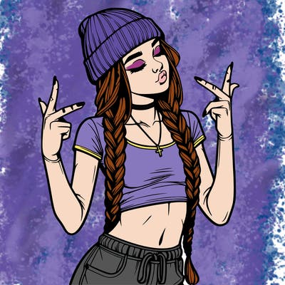 realistic teenage girl with braids and a beanie and crop top doing 🫶🏼