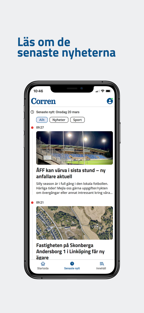 Corren - Smartphone-Oberfläche der Corren-Nachrichten-App mit lokalen schwedischen Nachrichten und Sport