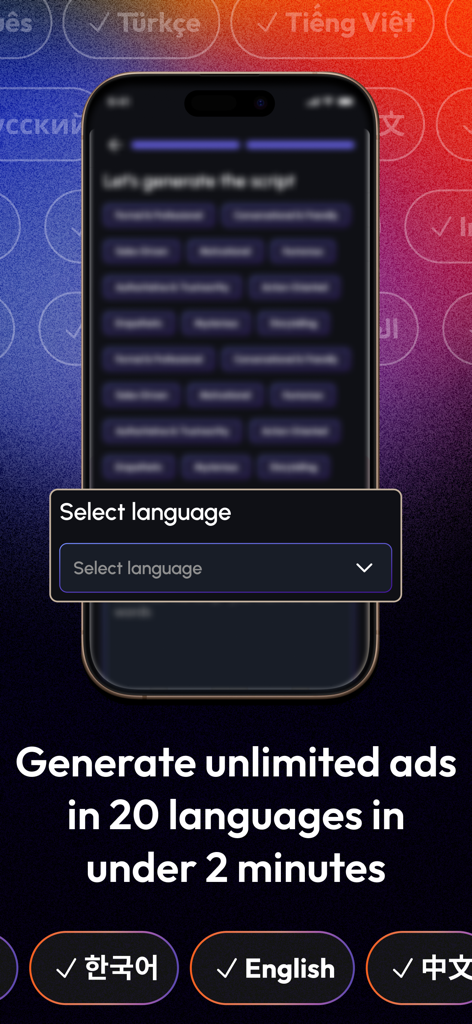 FlyAds app interface showing options to generate AI video ads in over 20 different languages.
