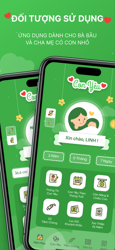 Con Yêu mobile app dashboard showing child health and development tracking features in Vietnamese