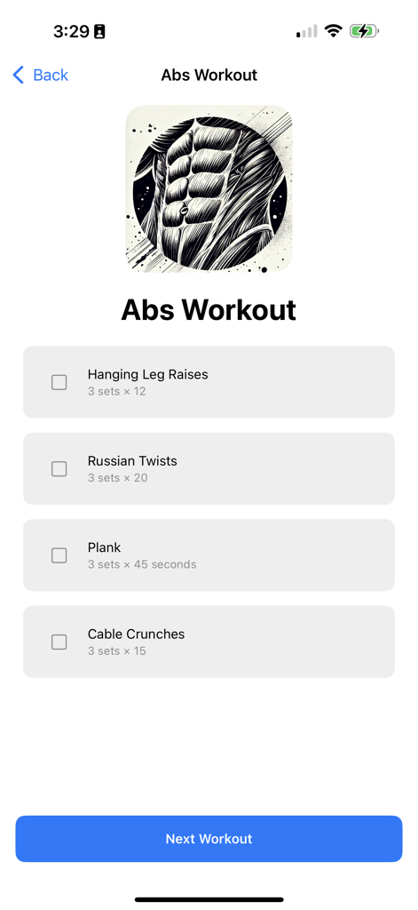 Fitness Buddy! - Fitness Buddy app showing a list of exercises for an abs workout with set and rep counts
