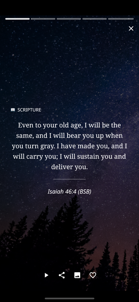 Daily Light On The Daily Path - Bible verse from Isaiah 46:4 displayed on a starry night background in the Daily Light devotional app