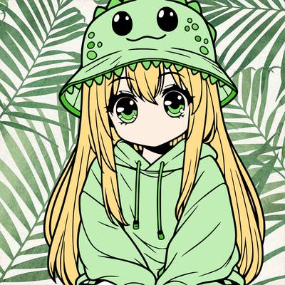 girl with anime shaped eyes with a dinosaur bucket hat oversized sweatshirt long straight hair