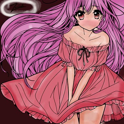 manga girl with long flowing hair and a dress that is pushed down