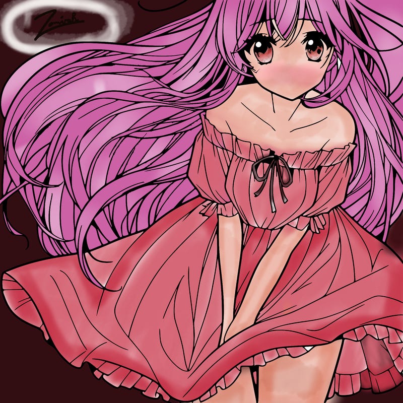 manga girl with long flowing hair and a dress that is pushed down