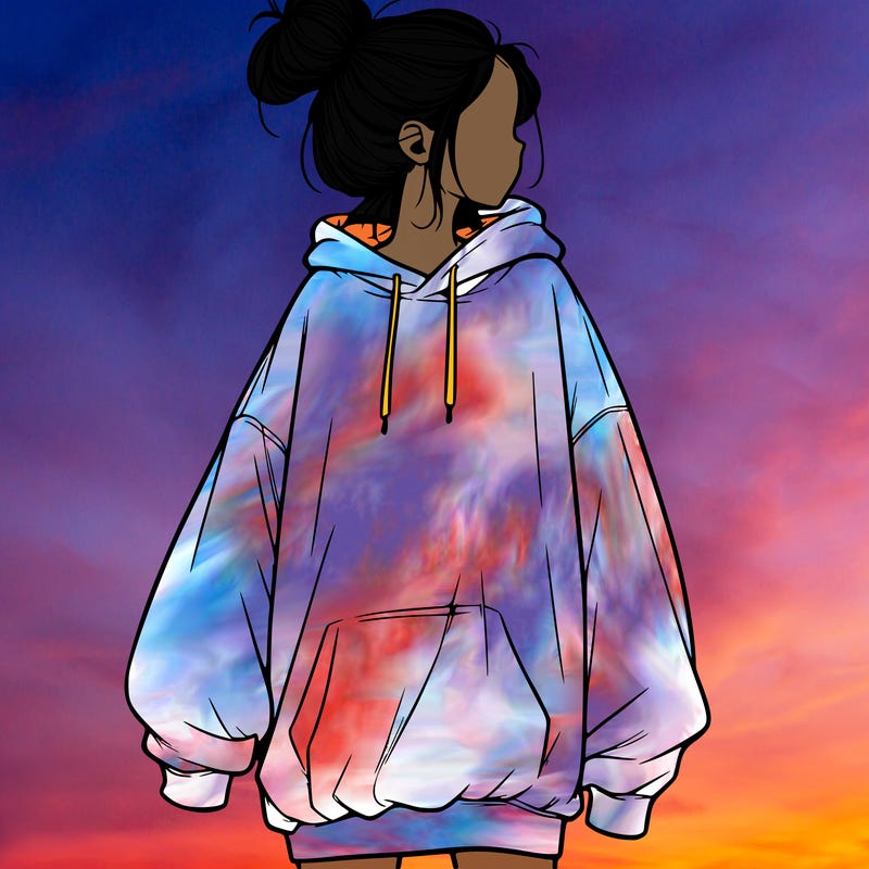 realistic girl with a oversized sweatshirt on and a bun