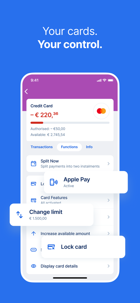 Mobile App-Oberfläche von George Österreich, die Tools zur Verwaltung von Kreditkarten zeigt, einschließlich Apple Pay-Aktivierung und Karten-Sperrfunktionen