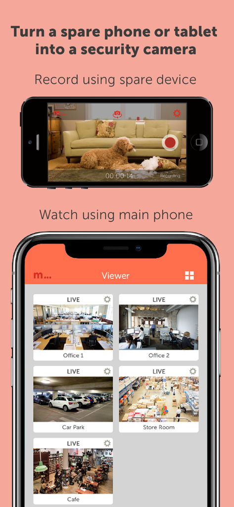 Manything - Manything app demonstration showing a spare phone recording a living room and a primary phone viewing multiple live security feeds