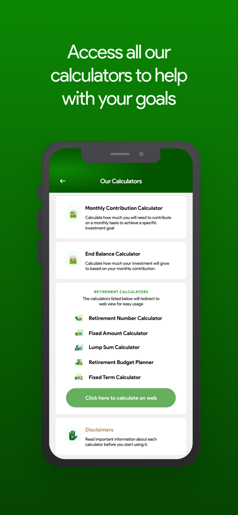 A mobile screen from the Databank Group app displaying various investment and retirement calculators.