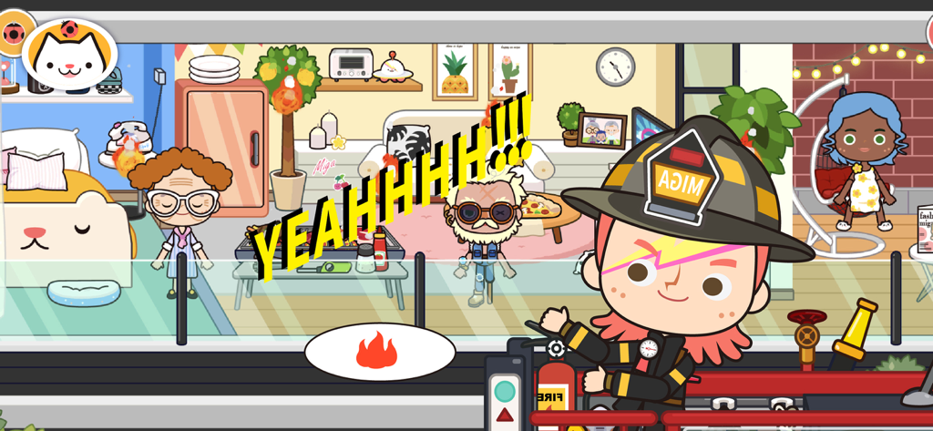 A cartoon firefighter character celebrating in a room in Miga Town My Fire Station
