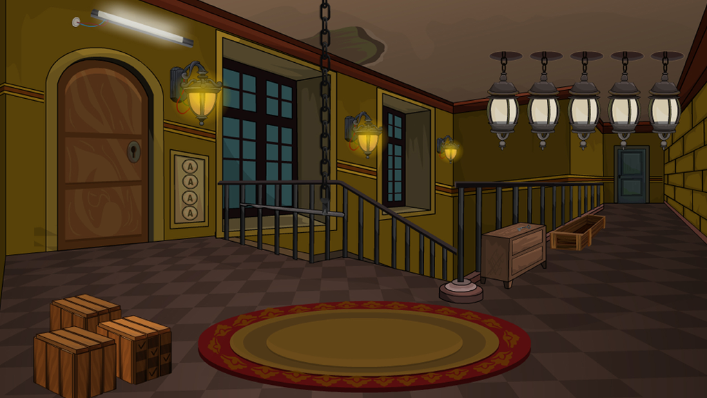 Una ilustración de dibujos animados en 2D de una habitación interior en un juego de escape de casa abandonada.