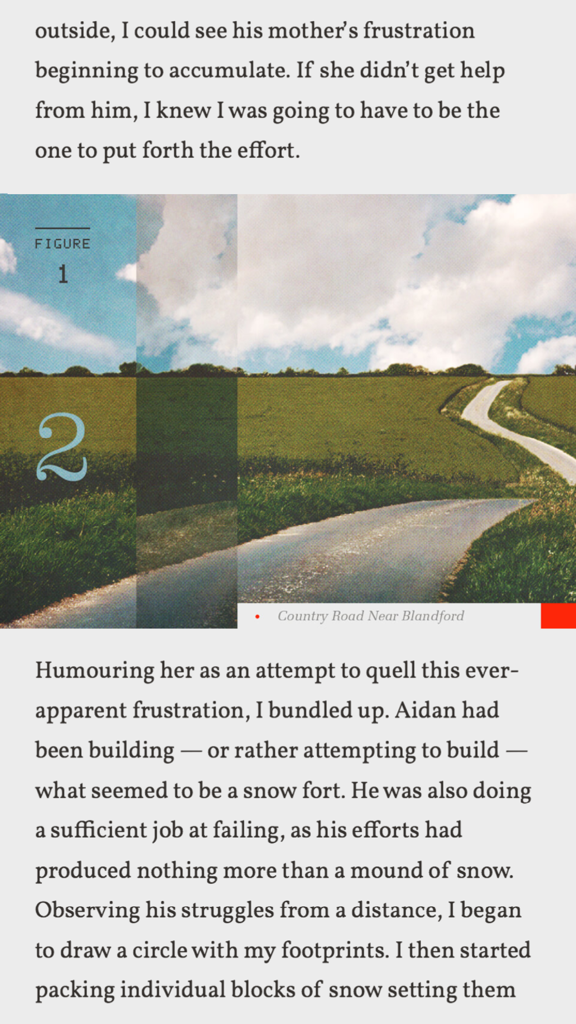 Eine Seite aus dem illustrierten Fotoroman mit der Landschaft einer Landstraße und kryptischem Erzähltext.