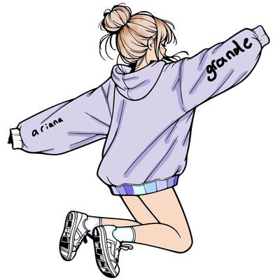 realistic girl jumping with a bun and oversized sweatshirt