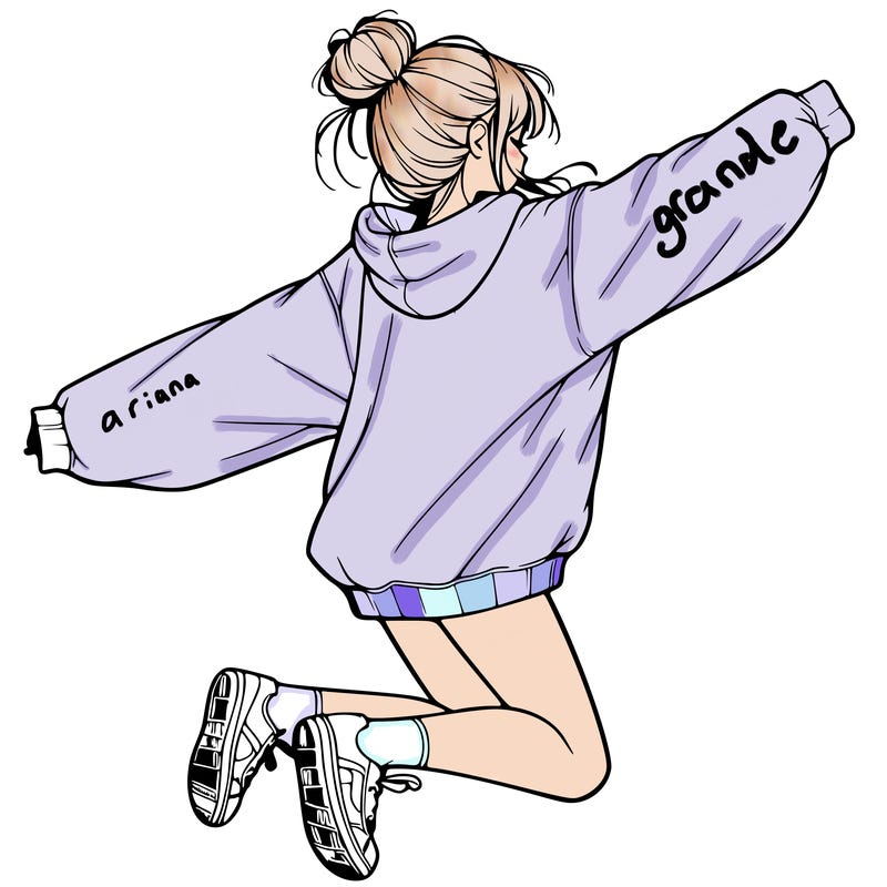 realistic girl jumping with a bun and oversized sweatshirt