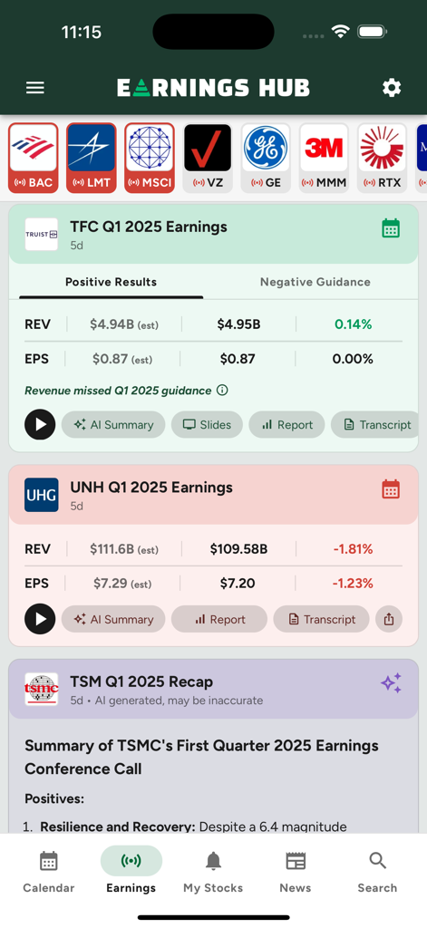 Tableau de bord de l'application Earnings Hub montrant les résultats trimestriels des publications d'actions et les résumés IA