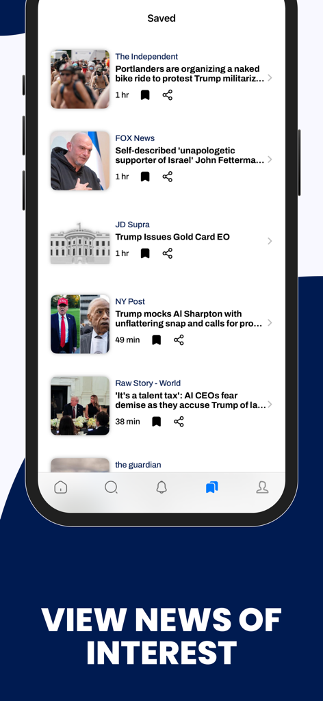 A mobile screen showing a list of saved political news articles from multiple sources like Fox News and NY Post.