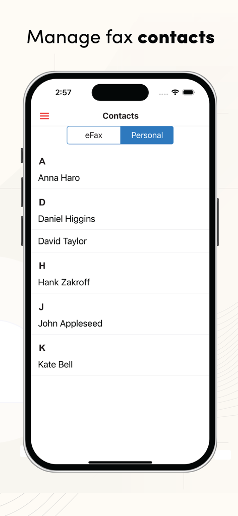 Tela do iPhone mostrando a lista de gerenciamento de contatos do aplicativo eFax com abas pessoal e eFax