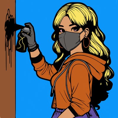 realistic girl with mask spray painting a wall