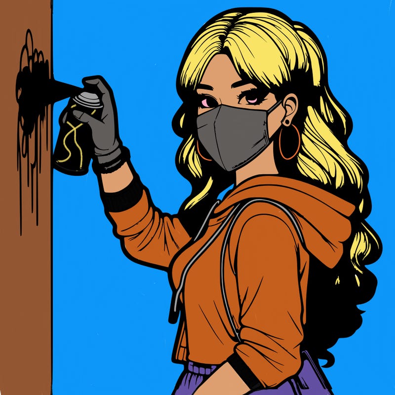 realistic girl with mask spray painting a wall