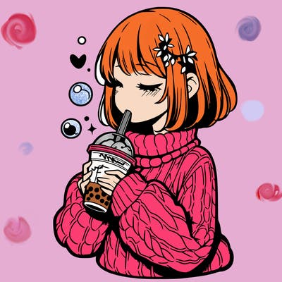 manga girl drinking boba in cozy sweater