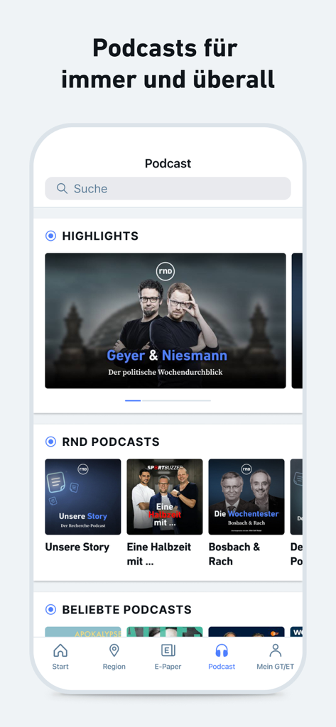 GT/ET - News und Podcast - Interface of the GT/ET news app showing a selection of podcasts including political and local news shows