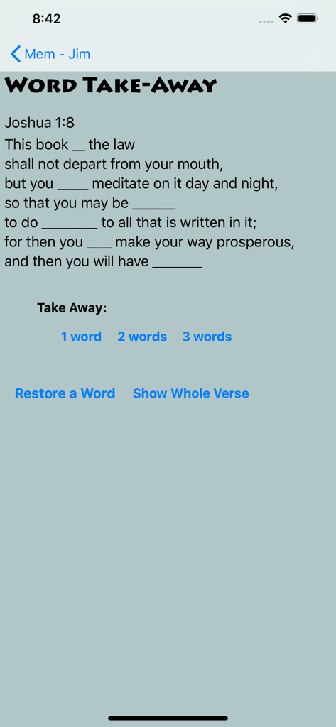 NavsTMS - NavsTMS Word Take-Away game screen for memorizing Joshua 1 8 verse