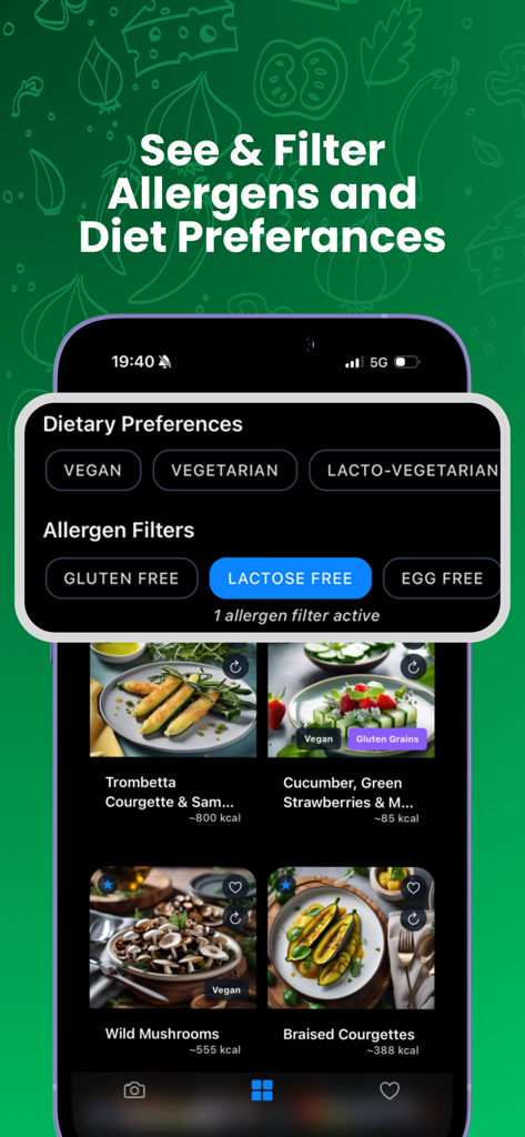 DishPic: Menu Scanner & Macros - DishPic app interface showing dietary preferences and allergen filters for restaurant menu dishes with calorie estimates.