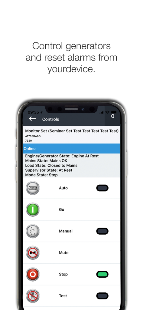 DSE WebNet® - DSE WebNet app interface on an iPhone showing remote control buttons for generator management including Auto, Manual, and Stop modes