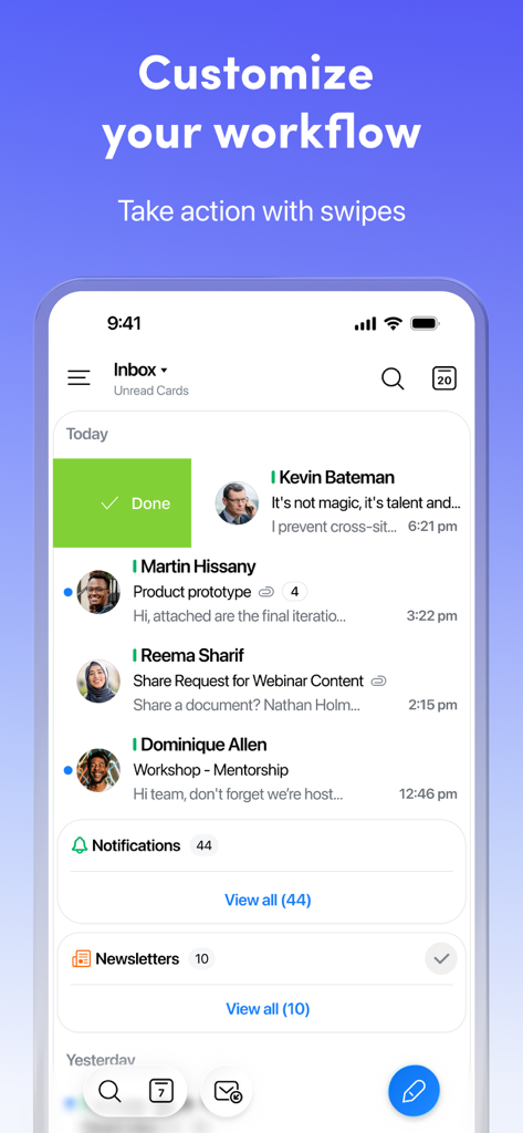 Spark AIメールアプリインターフェース、インボックス管理のためのカスタマイズ可能なスワイプジェスチャーを実証