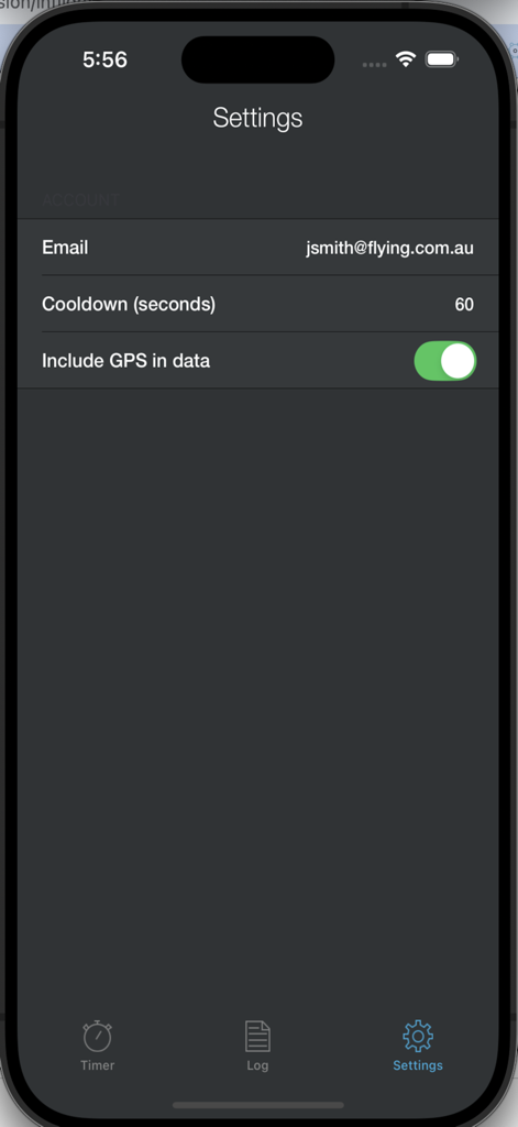 Settings menu of the Daily Flight Log app featuring email setup, cooldown timer, and GPS toggle.