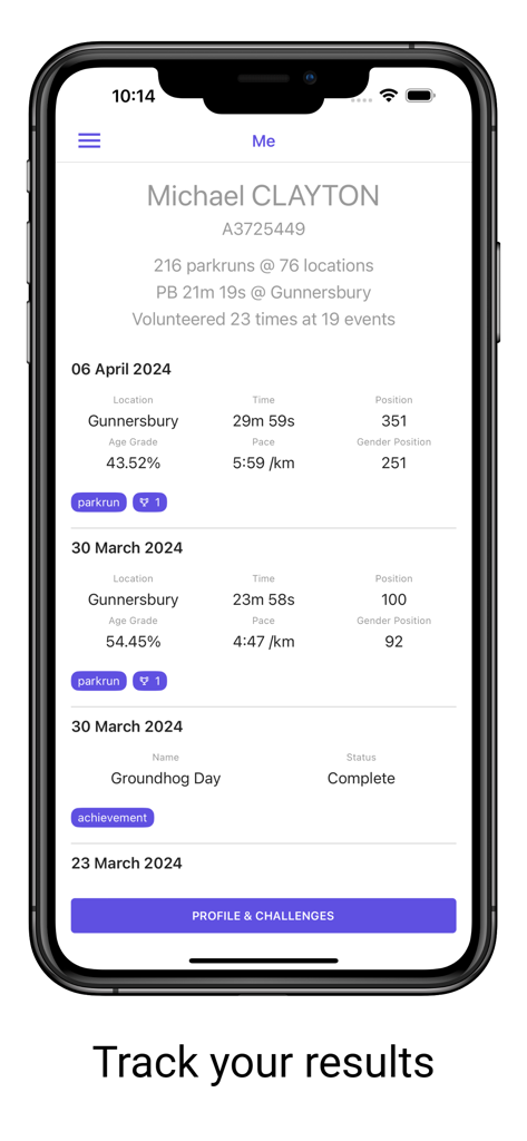 5K parkrunner results - Mobile app screen showing a runners personal 5K parkrun history including times positions and achievements