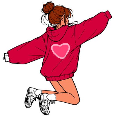 realistic girl jumping with a bun and oversized sweatshirt