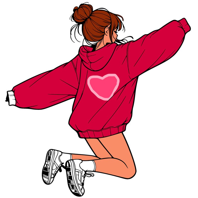 realistic girl jumping with a bun and oversized sweatshirt