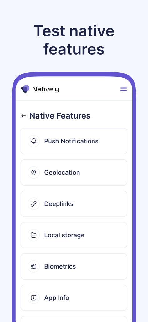 Natively Preview - Tela do aplicativo Natively Preview mostrando uma lista de recursos nativos, incluindo notificações push e biometria