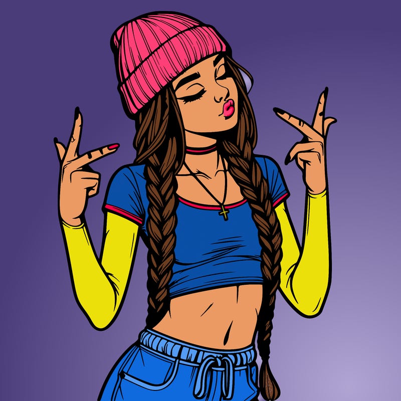 realistic teenage girl with braids and a beanie and crop top doing 🫶🏼