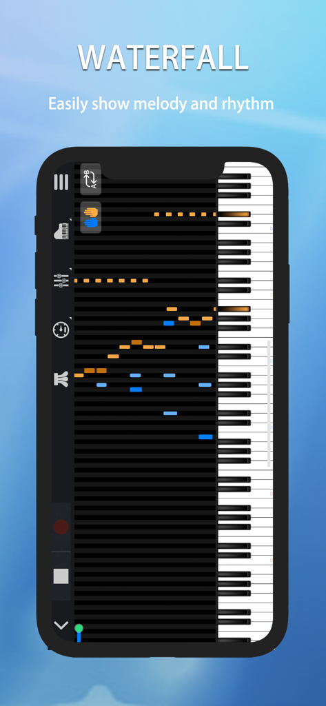 Perfect Piano app waterfall mode showing falling notes for learning melody and rhythm