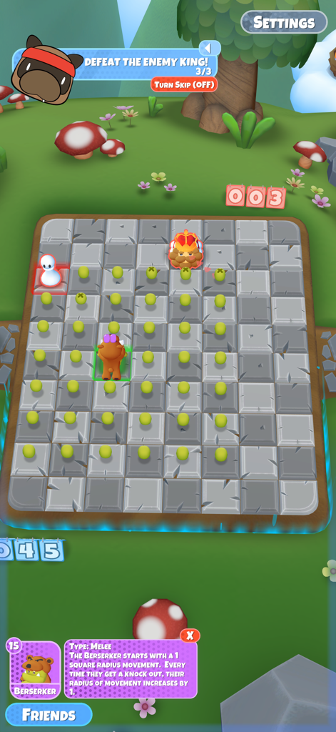 Chess Ultimate - Interfaz de juego de Chess Ultimate mostrando un peculiar personaje Berserker en un tablero de estrategia 3D.