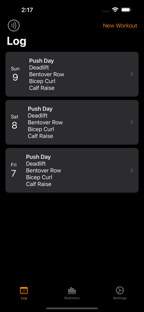 X3 Force - X3 Force workout log showing a history of exercise sessions for push day including deadlift and rows