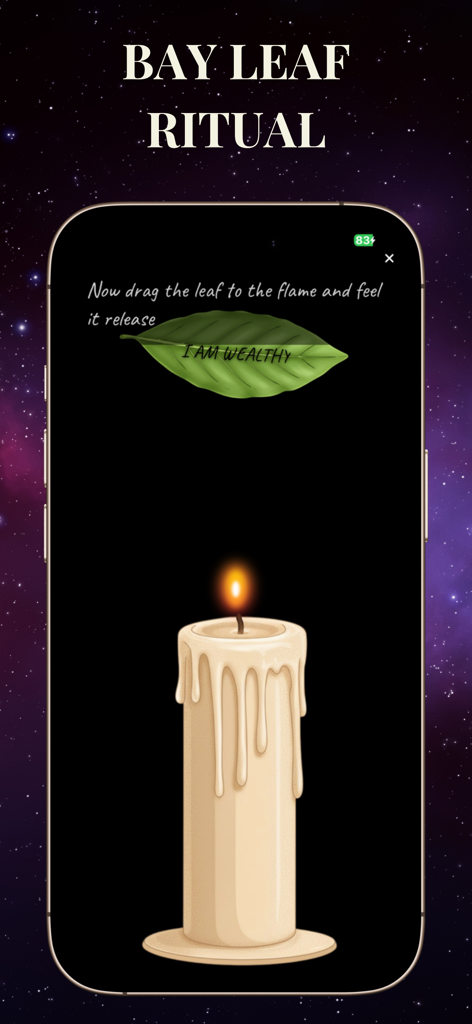 Secret Manifestation Journal - Ein digitales Lorbeerblatt-Manifestationsritual mit einer Kerze und einem Blatt mit der Affirmation ICH BIN REICH.