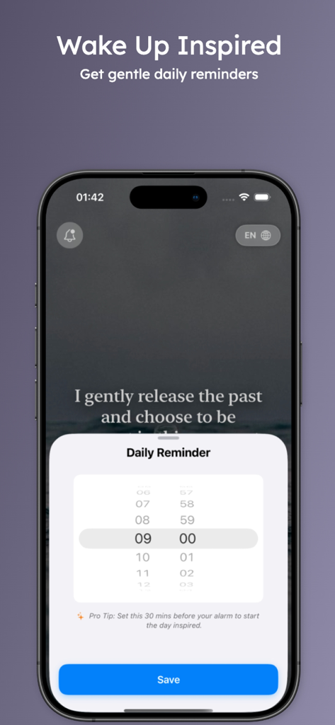 Daily Whisper: Affirmations - Daily Whisper app interface showing a minimalist daily reminder setting to wake up with affirmations.