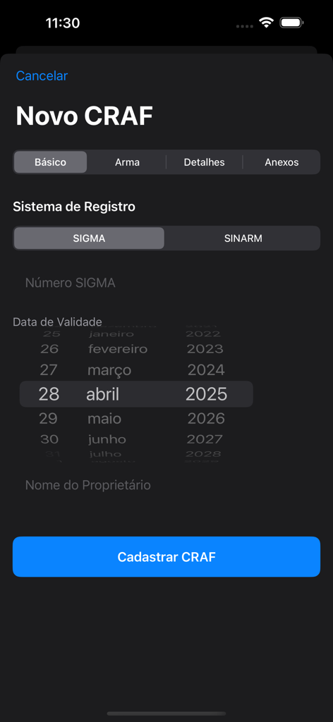 銃器登録の詳細と許可証の有効期限を入力するためのCAC Proモバイルアプリ画面