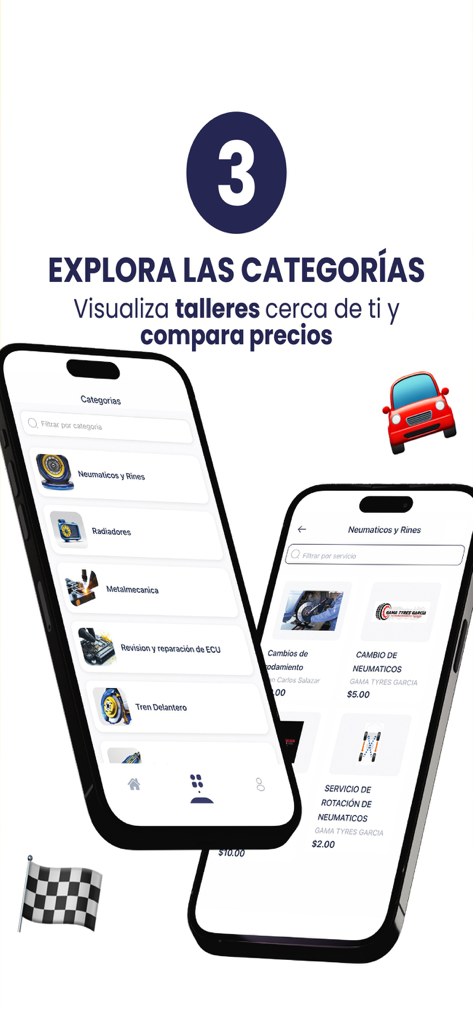 Solvers - Pantallas de la aplicación móvil que muestran varias categorías de reparación de coches y comparaciones de precios de neumáticos